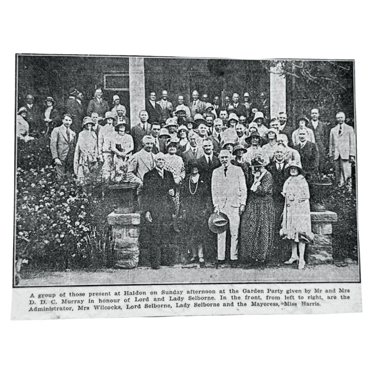 A group of those present at Haldon on Sunday afternoon at the Garden party given by Mr and Mrs D.D.C. Murray in honour of Lord and Lady Selborne