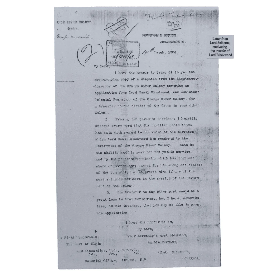 A letter from Lord Selborne, motivating the transfer of Lord Blackwood