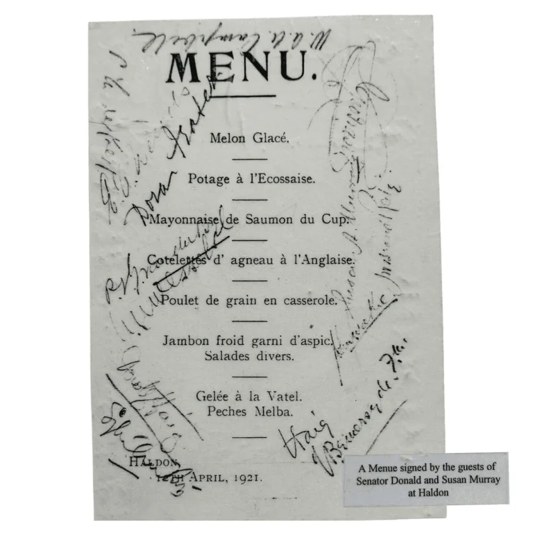 A Menu signed by the guests of Senator Donald and Susan Murray at Haldon
